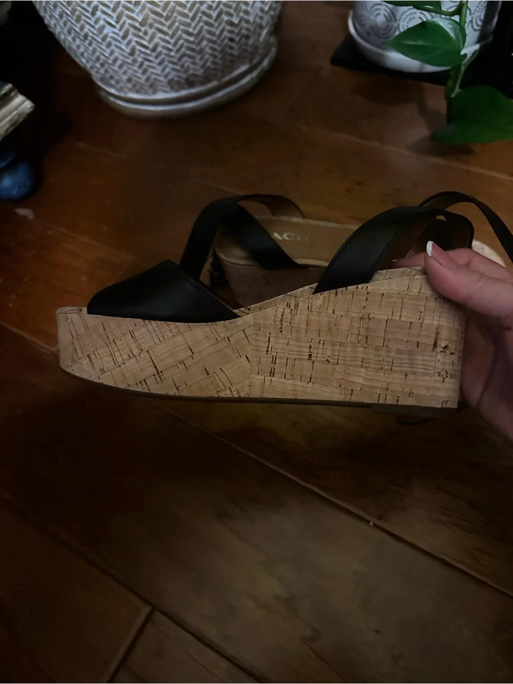 COACH Black Leather Cork Wedge Sandals with Crisscross Straps Size 7